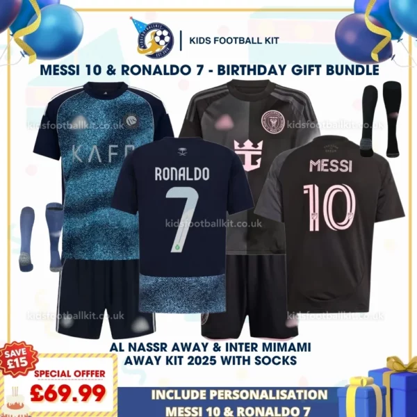 Al Nassr away & Inter Miami away Kids Football Kit 25_26 - RONALDO 7 & MESSI 10-p