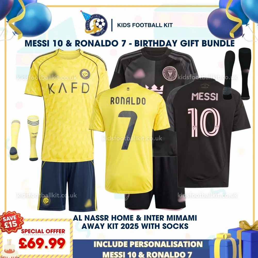 Al Nassr and Inter Miami Birthday Gift Pack – Home and Away Kids Football Kit 2025/26 – RONALDO 7 and MESSI 10 (With socks)