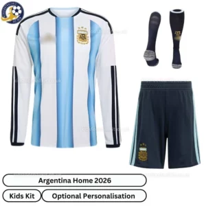 Argentina-Home-Kids-Football-Kit-2026-Long-sleeve-front-view-with-socks-re
