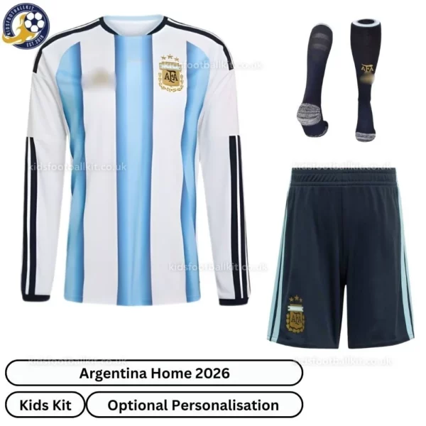 Argentina-Home-Kids-Football-Kit-2026-Long-sleeve-front-view-with-socks-re
