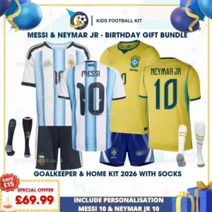 Argentina and Brazil home kids kits 2026-MESSI 10 and NEYMAR JR 10-p
