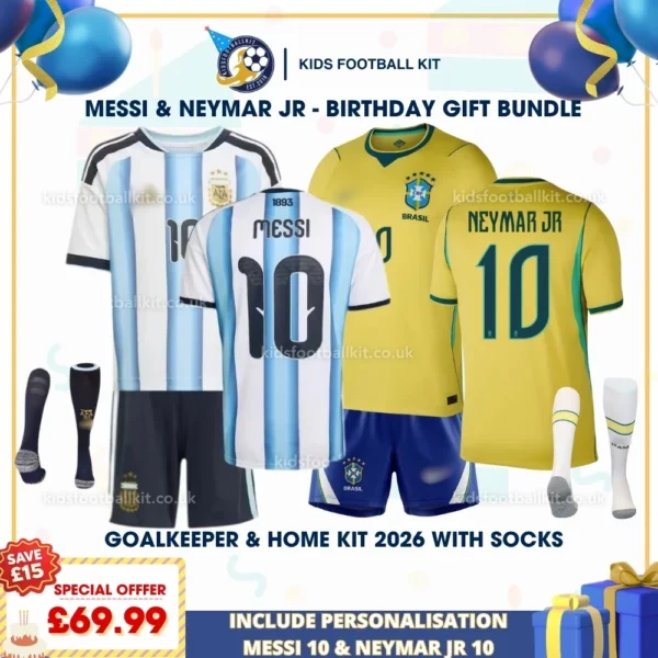 Argentina and Brazil home kids kits 2026-MESSI 10 and NEYMAR JR 10-p