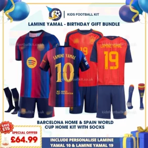 Barcelona and Spain Home Kids Kit 2026 - LAMINE YAMAL 10 and LAMINE YAMAL 19