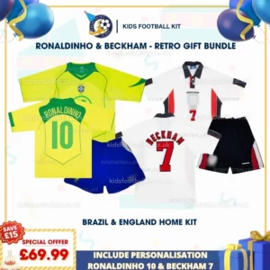 Brazil annd England home kids kit - RONALDINHO 10 and BECKHAM 7-p