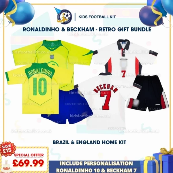 Brazil annd England home kids kit - RONALDINHO 10 and BECKHAM 7-p
