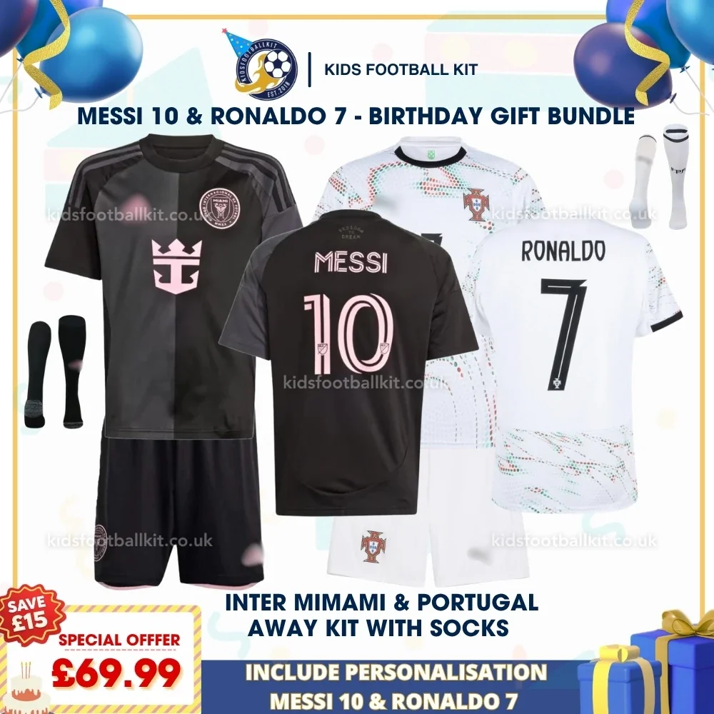 Portugal & Inter Miami Birthday Gift Pack – Kids Football Kit 2025 – RONALDO 7 & MESSI 10