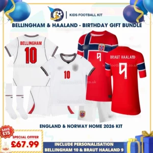 England and Norway home kids kit 2026-BELLINGHAM 10 and BRAUT HAALAND 9-p