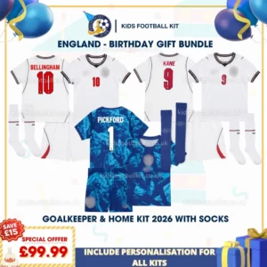 England goalkeeper and home kids kits 2026-PICKFORD 1 BELLINGHAM 10 KANE 9-p