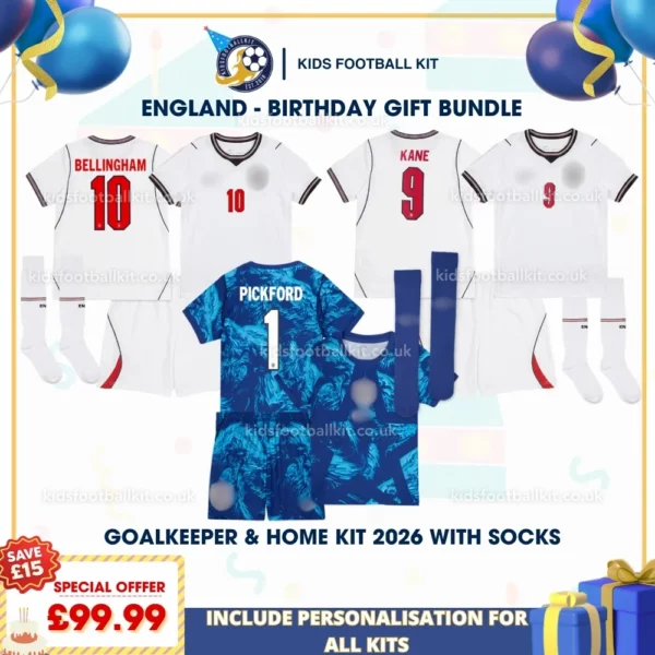 England goalkeeper and home kids kits 2026-PICKFORD 1 BELLINGHAM 10 KANE 9-p