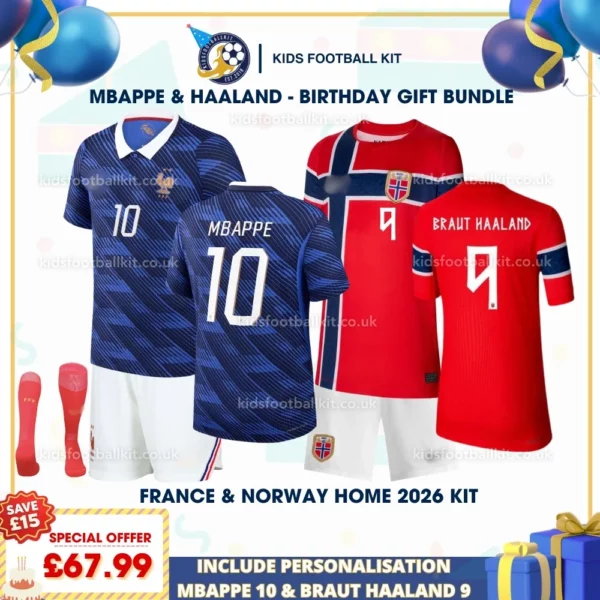 France and Norway World Cup Home Kids Kit 2026_MBAPPE 10 and BRAUT HAALAND 9-p