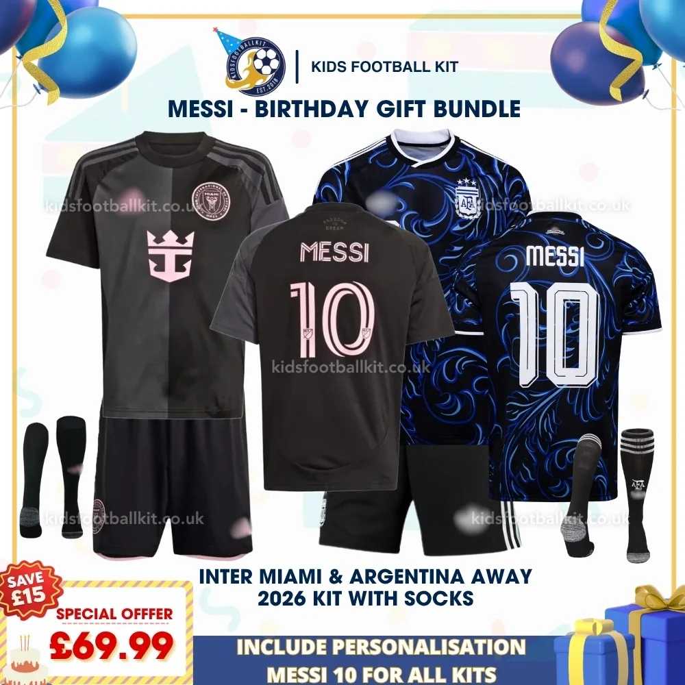 Inter Miami and Argentina World Cup 2026 Birthday Gift Pack – Away Kids Football Kit – MESSI 10 (With socks)