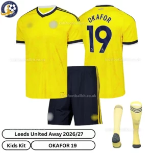 Leeds United Away Kids Kit 26_27-over view with socks-OKAFOR 19