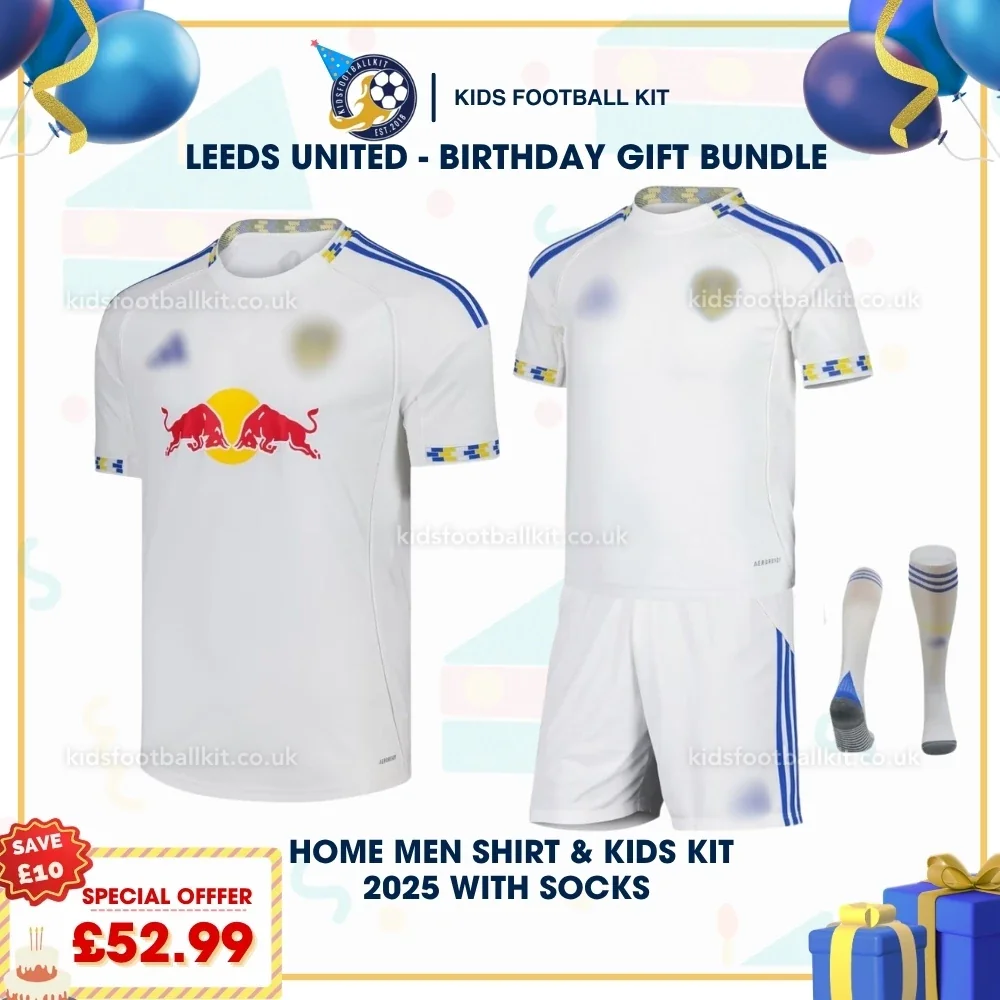Leeds United Birthday Gift Pack – Home Dad and Son Kids Football Kit 2025/26 (With socks)