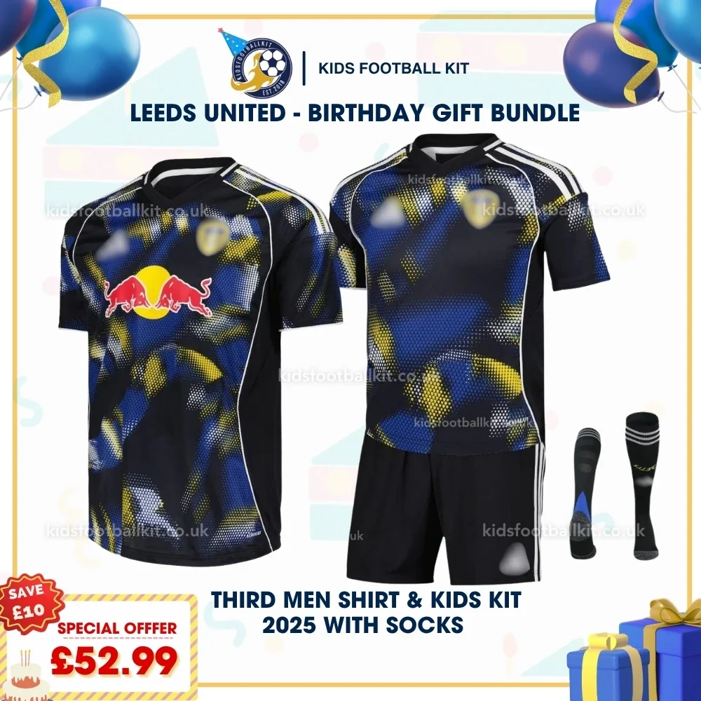 Leeds United Birthday Gift Pack – Third Dad and Son Kids Football Kit 2025/26 (With socks)