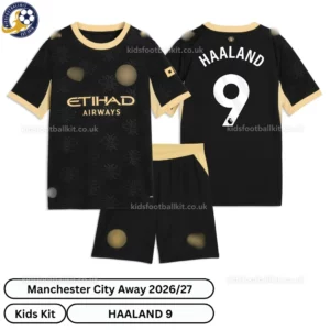 Manchester City Away Kids Kit 26_27-over view-HAALAND 9