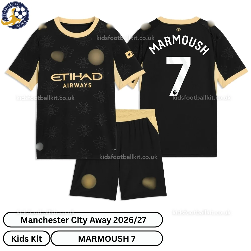 Manchester City Away Kids Football Kit 2026/27 – MARMOUSH 7 (No Socks)