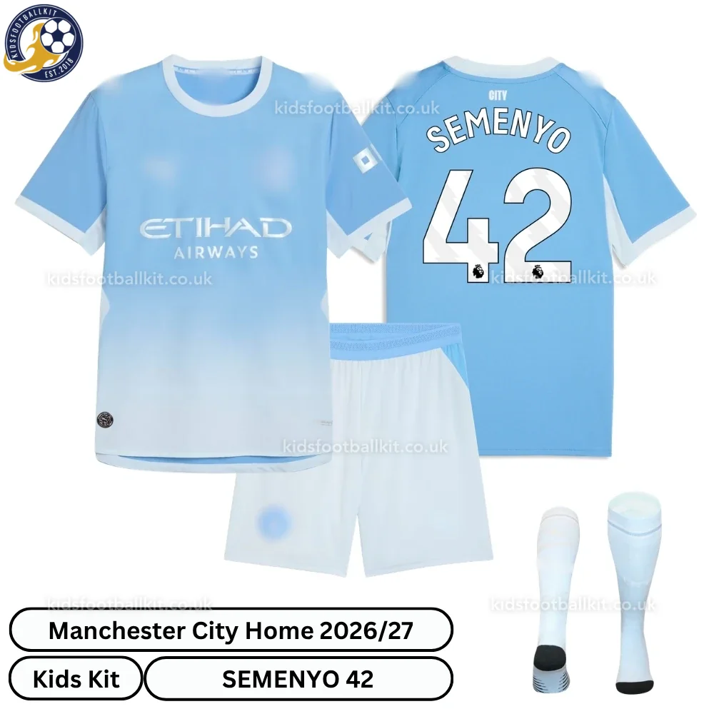 Manchester City Home Kids Football Kit 2026/27 – SEMENYO 42 (With Socks)