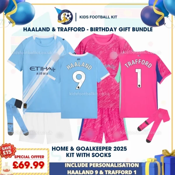 Manchester City Home & goalkeeper Kids Football Kit 25_26 _ Haaland 9 TRAFFORD 1-p