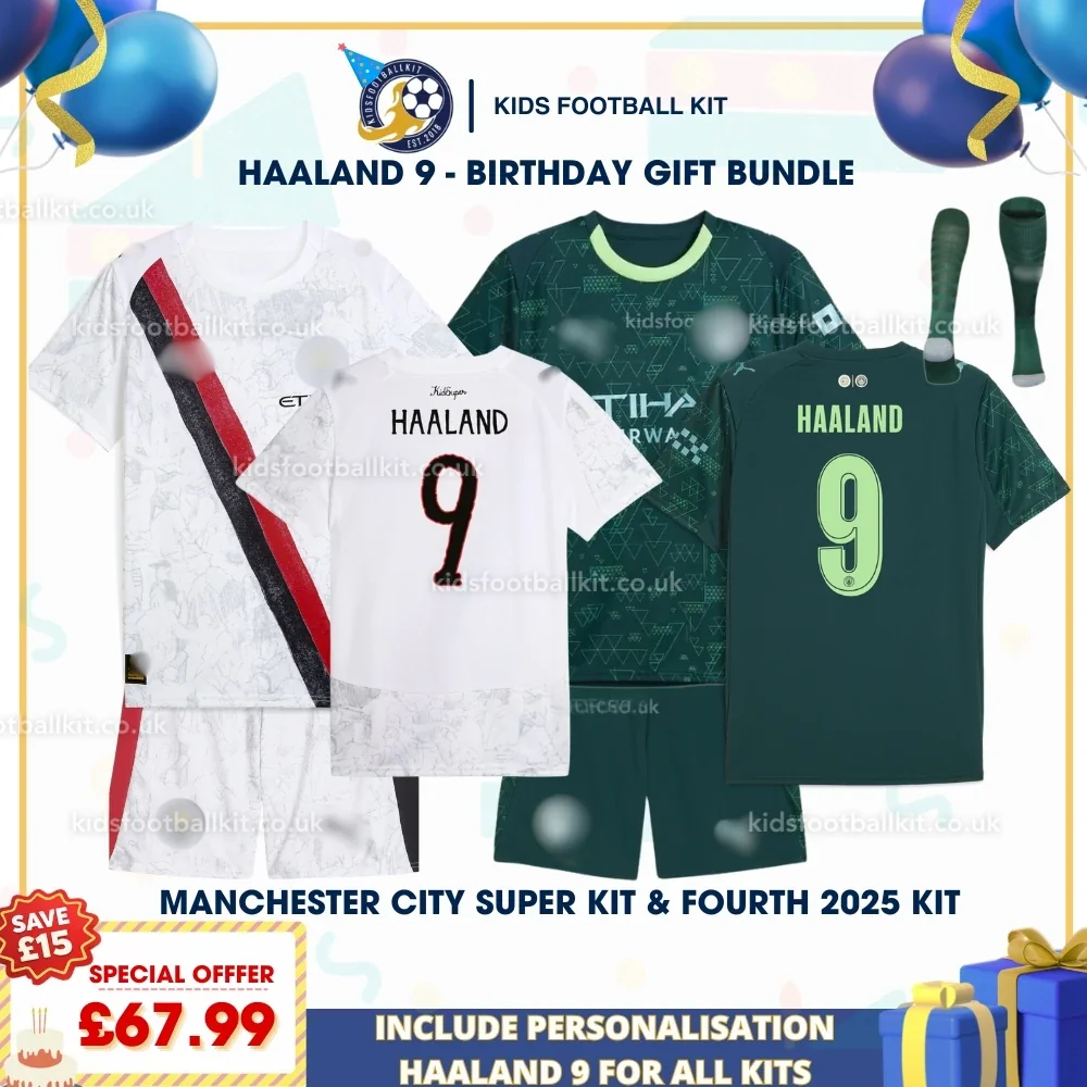 Manchester City Birthday Gift Pack – Super Kit and Fourth Kids Football Kit 2025/26 – HAALAND 9