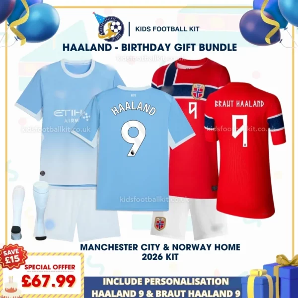 Manchester City and Norway Home Kids Kits 26 - HAALAND 9 and BRAUT HAALAND 9