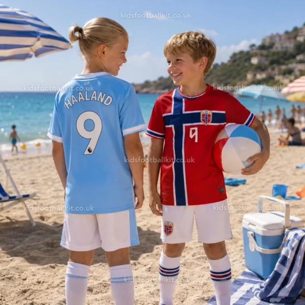 Manchester City and Norway Home Kids Kits 26 - HAALAND 9 and BRAUT HAALAND 9-image