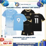 Manchester City home and away kids kits 26_27- HAALAND 9 and DOKU 11