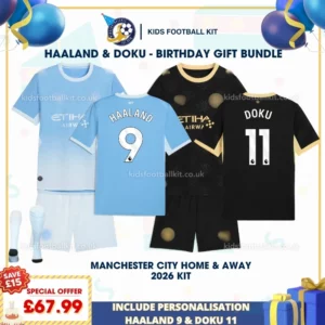 Manchester City home and away kids kits 26_27- HAALAND 9 and DOKU 11