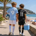 Manchester City home and away kids kits 26_27- HAALAND 9 and DOKU 11-image