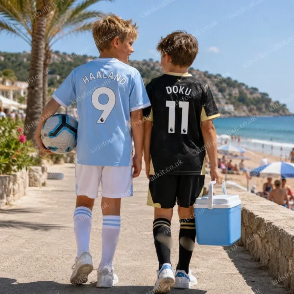 Manchester City home and away kids kits 26_27- HAALAND 9 and DOKU 11-image