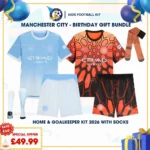 Manchester city home and goalkeeper kids kit 2026