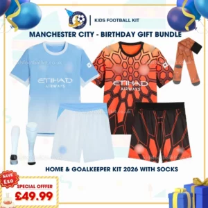 Manchester city home and goalkeeper kids kit 2026