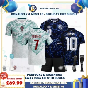 Portugal and Argentina World Cup Away Kids Football Kit 2026_RONALDO 7 and MESSI 10-p