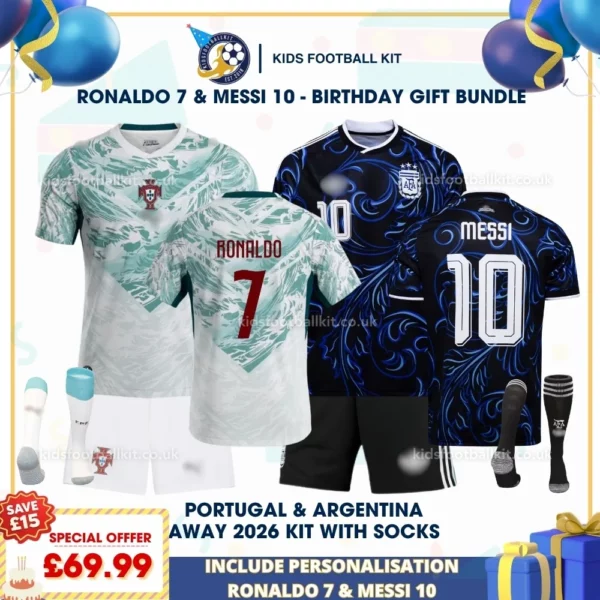 Portugal and Argentina World Cup Away Kids Football Kit 2026_RONALDO 7 and MESSI 10-p