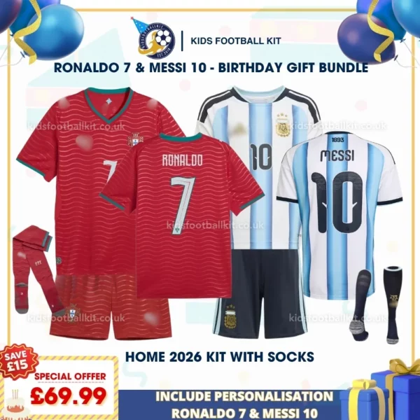 Portugal and Argentina World Cup Home Kids Football Kit 2026 with socks_RONALDO 7 and MESSI 10-p