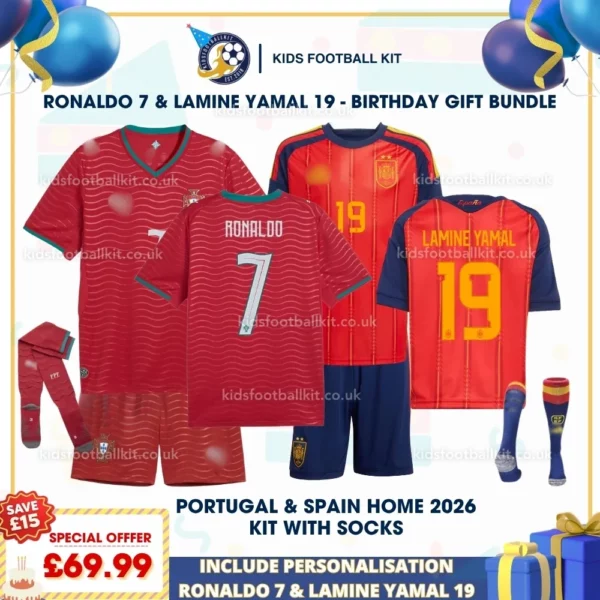 Portugal and Spain Champion World Cup Home Kids Football Kit 2026 with socks_RONALDO 7 and LAMINE YAMAL 19-p