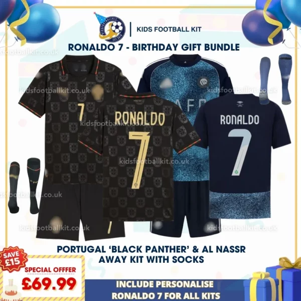 Portugal world cup SPECIAL EDITION & Al Nassr away Kids Football Kit 2026 with socks - RONALDO 7-p