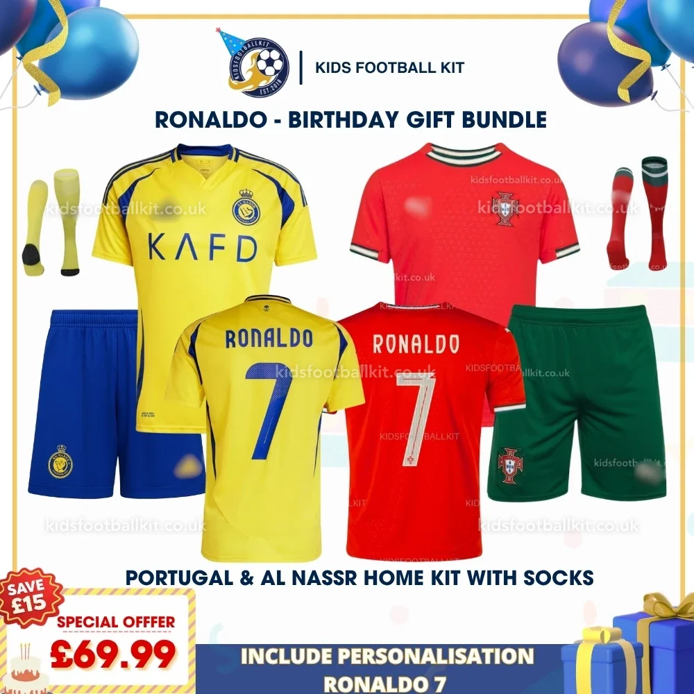 Portugal & Al Nassr Birthday Gift Pack – Multi-Kit Kids Football Kit 2025 – RONALDO 7 (With Socks)