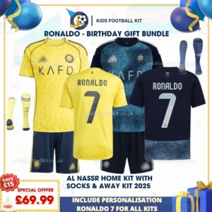 Ronaldo Al Nassr home & away kids football kit 25_26-over view-p
