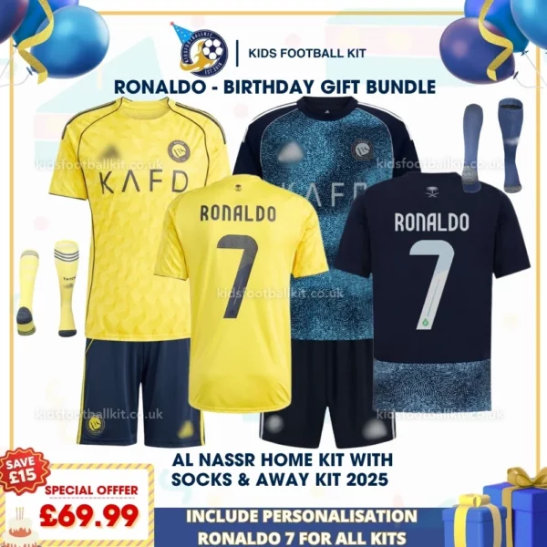 Ronaldo Al Nassr home & away kids football kit 25_26-over view-p