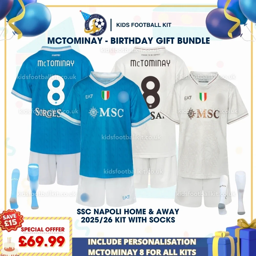 SSC Napoli Birthday Gift Pack – Home and Away Kids Football Kit 2025 – McTOMINAY 8 (With socks)