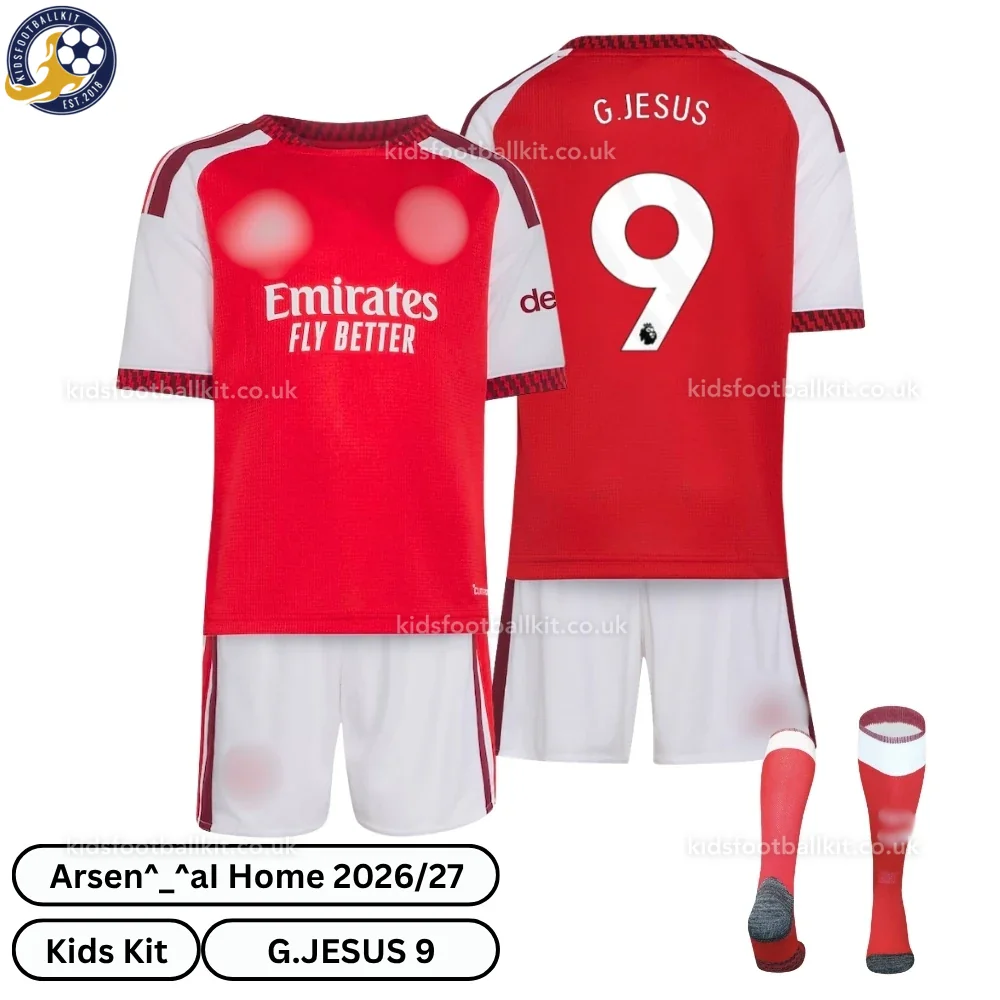 North London Red Home Kids Football Kit 2026/27 – G.JESUS 9 (With Socks)