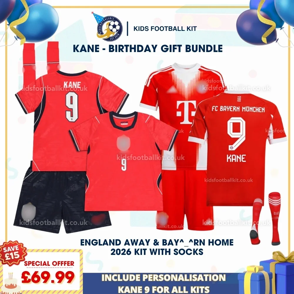 England World Cup 2026 and Bay^_^rn Birthday Gift Pack – Away and Home Kids Football Kit – KANE 9 (With socks)