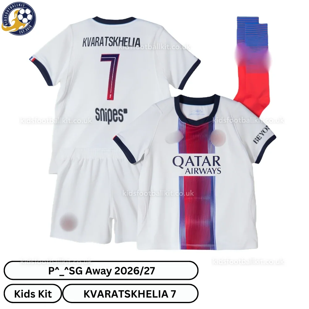 P^_^SG Away Kids Football Kit 2026/27 – KVARATSKHELIA 7 (With socks)