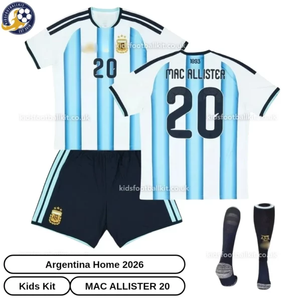 Argentina-MAC-ALLISTER-20-Home-2026-Kids-Football-Kit-over-view-with-socks-r