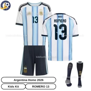 Argentina-Romero-13-Home-2026-Kids-Football-Kit-over-view-with-socks-r