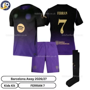Barcelona Away Kids Kit 26_27-over view-FERRAN 7-with socks