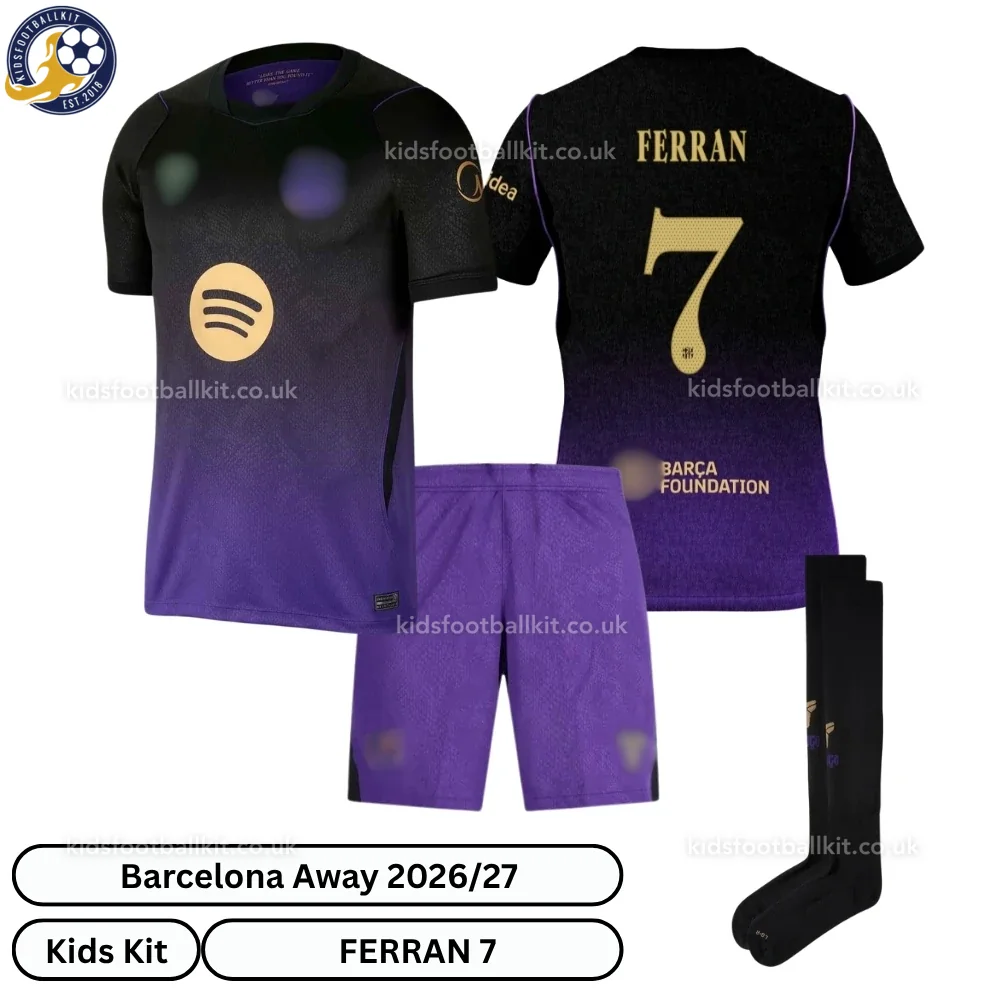 Barcelona Away Kids Football Kit 2026/27 – FERRAN 7 (With socks)