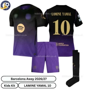 Barcelona Away Kids Kit 26_27-over view-LAMINE YAMAL 10-with socks