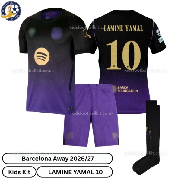 Barcelona Away Kids Kit 26_27-over view-LAMINE YAMAL 10-with socks