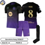Barcelona Away Kids Kit 26_27-over view-PEDRI 8-with socks